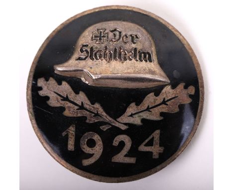 GERMAN DER STAHLHELM / 1924 MEMBERSHIP PIN, 1 1/8” diameter, black enamel w/ silver, reverse is mkd. “GES.GESCH.” w/ “STh” ma