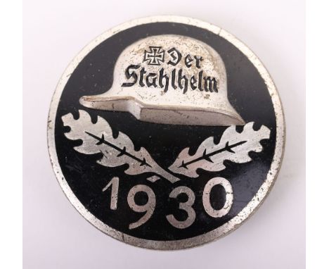 GERMAN DER STAHLHELM / 1930 MEMBERSHIP PIN, 1 1/8” diameter, black enamel w/ silver, reverse is mkd. “GES.GESCH” w/ “STh” mak