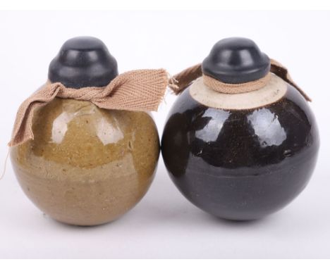 2x INERT WW2 JAPANESE CERAMIC HAND GRENADES, both being glazed ceramic grenades with the rubber caps and cloth ties. Both emp