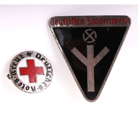 GERMAN WWII FEMALE ENAMEL PIN LOT, a black enamel Frauenschaft pin w/ “DEUTSCHES FRAUENWERK” reverse has “RZM M1/02”, 1 ¼” ta