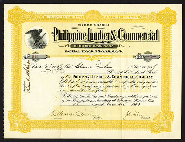 Philippine Lumber & Commercial Co., 1903 Issued Stock Certificate