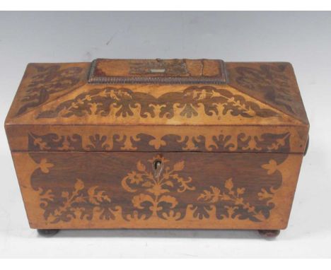 A Victorian rosewood and satinwood marquetry sarcophugus tea caddy17 x 34 x 16.5cm