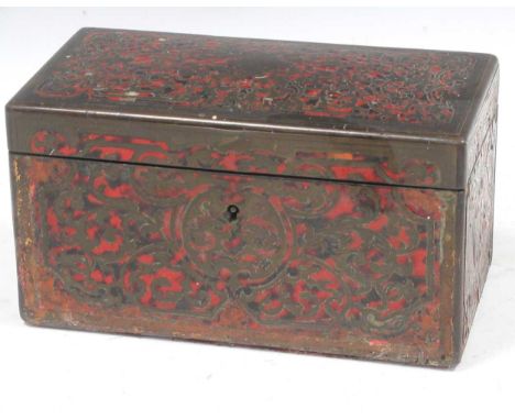 A French Boulle-work tea caddy, 19th century, decorated with red turtleshell and brass marquetry, the hinged lid enclosing a 