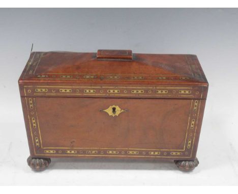 A Rosewood and brass inlayed tea caddy of sarcophagus form