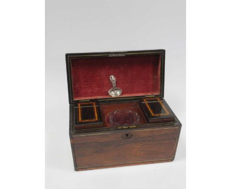 A Regency rosewood and brass banded sarcophagus tea caddy, together with a 19th century rosewood writing slope