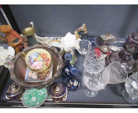 Ceramics and glass including Worcester teawares, Nailsea type rolling pin, lustre goblets, and other ornaments