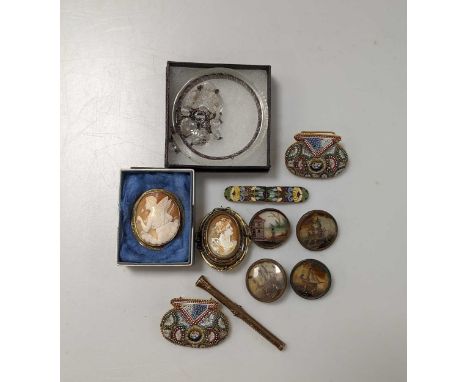 Two cameo brooches, a mosaic belt buckle, a cloisonne clasp, four buttons decorated with shipping scenes, a glass bangle and 