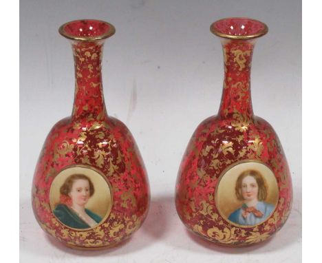 A small pair of Bohemian ruby glass vases painted with portrait roundels, 16cm highsee additional photographs