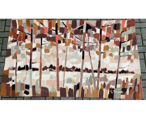 An embroidered tapestry, depicting a distant woodland seen through trees, with a woven signature G Thiriet with a monogram EF