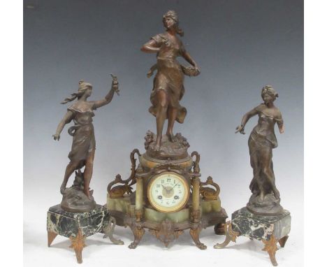 An early 20th century French spelter and onyx figural mantel clock 55cm highProvenance: Heydon Grange, Norfolk