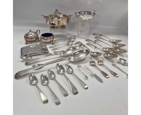 A collection of assorted silverware including flatware, sauce boat, cruets, cigarette case etc 49.5ozt weighable silver, toge