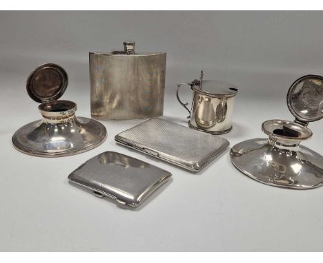 A collection of silverware including flatware, cruets, inkwells, a hip flask, cigarette cases etc, 30.3ozt weighable silver