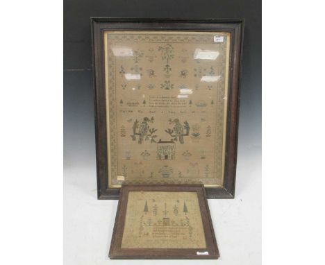 An early 19th century needlework sampler decorated with a pair of perched birds above a house, dated 1831 65 x 48cm together 