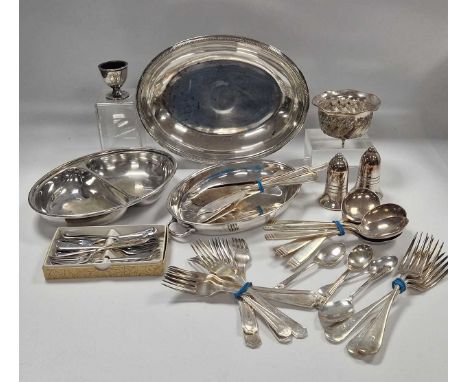 A silver bowl, 2.7ozt, together with a small collection of silverplated items including flatware, cruets, entrée dish etc