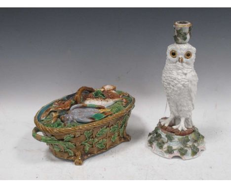 A Minton majolica game pie dish; together with a ceramic snowy owl candlestick, 32cm highProvenance: Heydon Grange, NorfolkTh