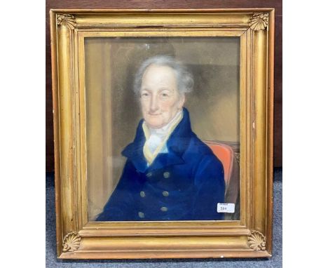 English School (19th century) A portrait of a gentleman in a blue jacket, pastel, indistinctly inscribed verso, 41 x 34cmProv