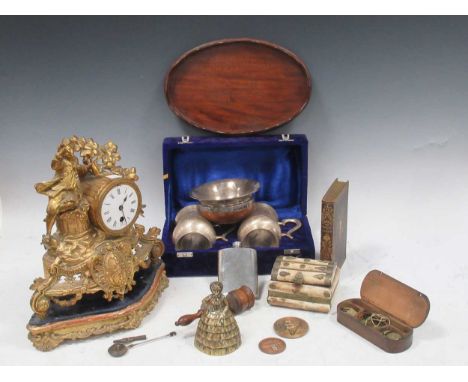 Collectors interest: A gilt metal mantle clock decorated with a lady drinking; together with various portrait miniatures, tre
