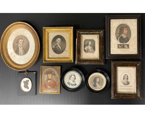 Nine small portrait prints of various historical figures to include Captain Cook, Oliver Cromwell etc and a further print of 