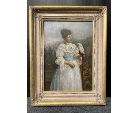 Manner of Henry Stacy Marks RA (1829-1898) A portrait of a lady with a cockatoo, oil on board, inscribed verso 'Aunt "B" with