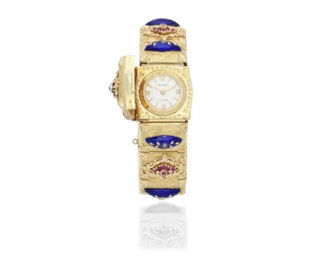 Falken. A lady's 18K gold and ruby set manual wind bracelet watch with concealed dialDate: Birmingham Import mark for 1961Mov