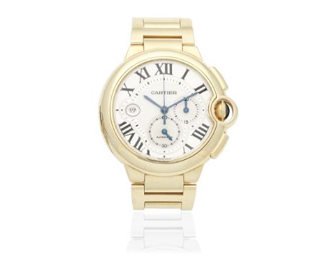 Cartier. An 18K gold automatic calendar chronograph bracelet watchModel: Ballon BleuReference: 3106Date: Circa 2015Movement: 