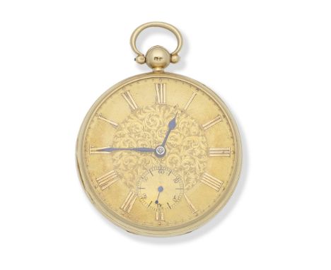 An 18K gold key wind open face pocket watchDate: London Hallmark for 1864Movement: Gilt full plate English lever, plain 3 arm