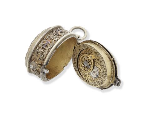 A silver and enamel key wind late 17th Century style oval pocket watchDate: 19th centuryMovement: Finely engraved gilt fusee 