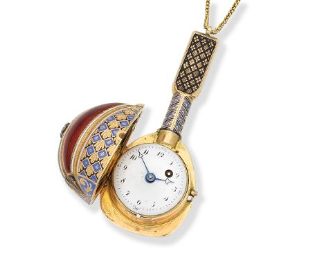 A continental gold and enamel key wind concealed watch in the form of a mandolinDate: Circa 1800Movement: Gilt full plate fus