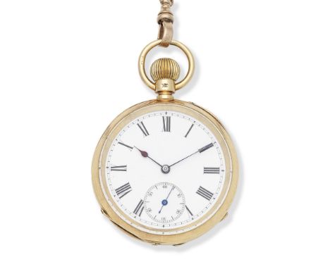 P &amp; A Guye, London. An 18K gold keyless wind open face pocket watchDate: London Hallmark for 1905Movement: Gilt 3/4 plate