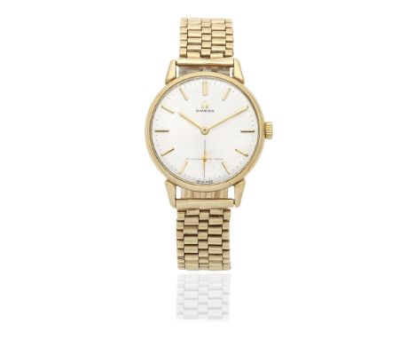 Omega. A 9K gold manual wind bracelet watchDate: London Hallmark for 1964Movement: 15-jewel manual wind, No.10281179Dial: Sun