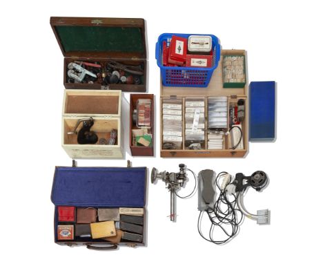 A collection of watchmaker's tools and equipment (AF)Including a lathe with motor, jewel press, assorted stems, assorted bala