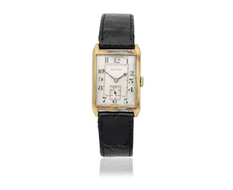 Rolex. An 18K gold manual wind rectangular wristwatchDate: Circa 1930Movement: 15-jewel manual windDial: Silvered, black Arab