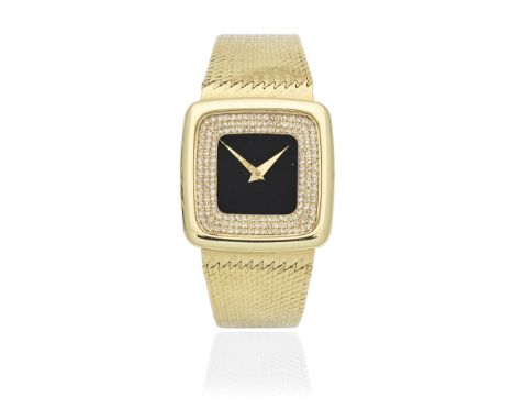 Ebel. A recently serviced 18K gold manual wind cushion form bracelet watch with onyx and diamond set dialDate: Circa 1970Move