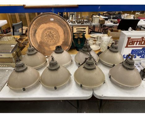 A SET OF EIGHT VINTAGE HOLOPHANE LAMPS WITH METAL FITTINGS AND CHAINS, ONE A/F