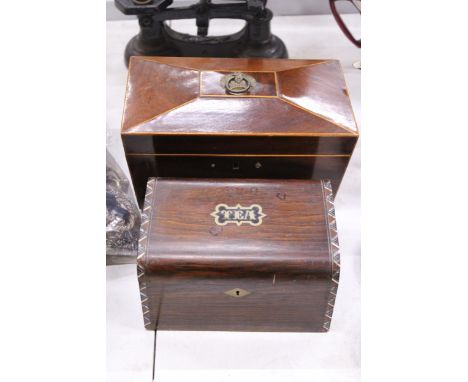 TWO VINTAGE TEA CADDYS TO INCLUDE A MAHOGANY SARCOPHAGUS SHAPED ONE WITH INLAY