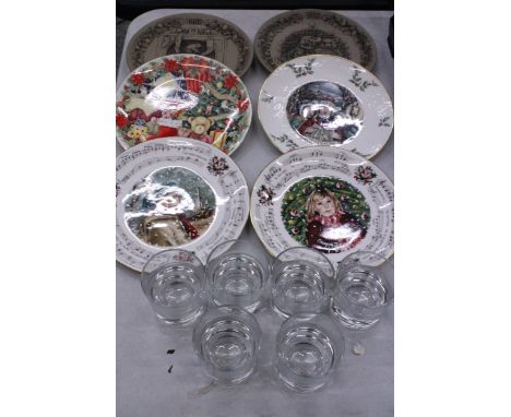 SIX CABINET PLATES TO INCLUDE POOLE POTTERY PLUS SIX HEAVY BASED GLASS TUMBLERS