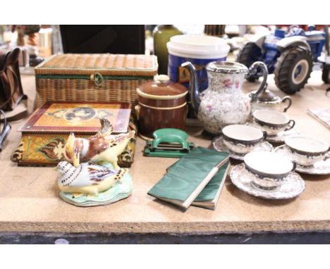 A MIXED LOT TO INCLUDE A WICKER SEWING BASKET, CERAMIC FIGURE OF BIRDS, VINTAGE HOLE PUNCH, ETC.,