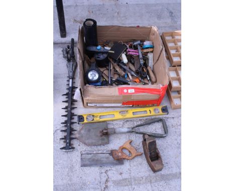 AN ASSORTMENT OF VARIOUS HAND TOOLS TO INCLUDE A FOLDING MILITARY SHOVEL, TORCH, ETC