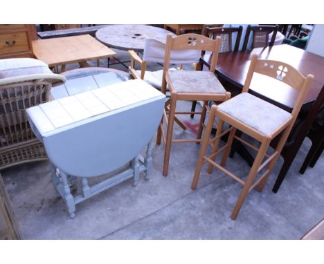 A PAINTED GATE-LEG TABLE AND A PAIR OF HIGH BACK STOOLS