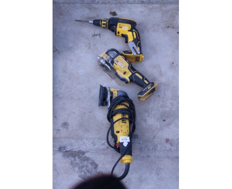 THREE DE WALT CORDLESS TOOLS TO INCLUDE A SANDER, DRILL AND SCAPER (NO BATTERY BUT BELIEVED WORKING NO WARRANTY)