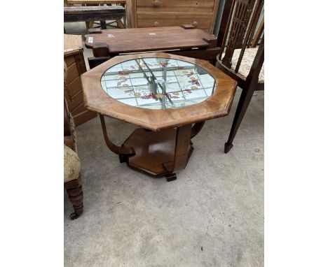 AN ART DECO WALNUT TWO TIER OCTAGONAL COFFEE TABLE WITH INSET MIRRORED TOP, 26" ACROSS