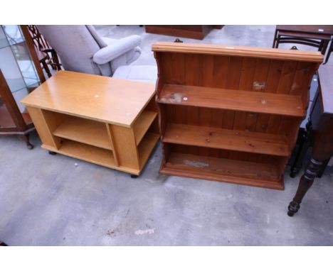 A PINE WALL SHELF UNIT, 32" WIDE AND AN OAK  CABINET
