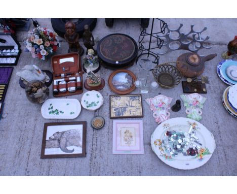 AN ASSORTMENT OF ITEMS TO INCLUDE CERAMICS, FIGURES AND A TAPESTRY FOOT STOOL ETC