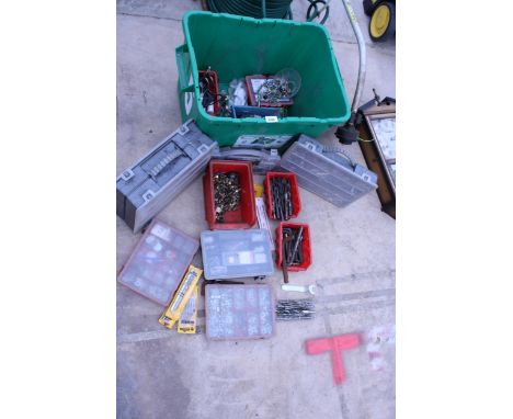 AN ASSORTMENT OF TOOLS AND HARDWARE TO INCLUDE DRILL BITS AND ALAN KEYS ETC