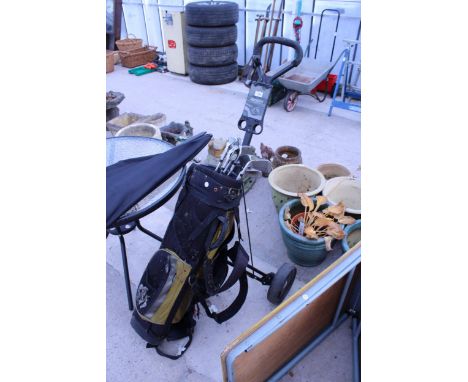 A SET OF OF TIGER SHARK IRONS COMPLETE WITH GOLF BAG AND TROLLEY