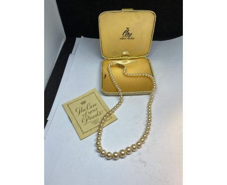 A STRING OF CIRO OF BOND STREET LONDON AND NEW YORK PEARLS WITH A MARKED 9 CARAT GOLD CLASP IN A PRESENTATION BOX WITH A PEAR