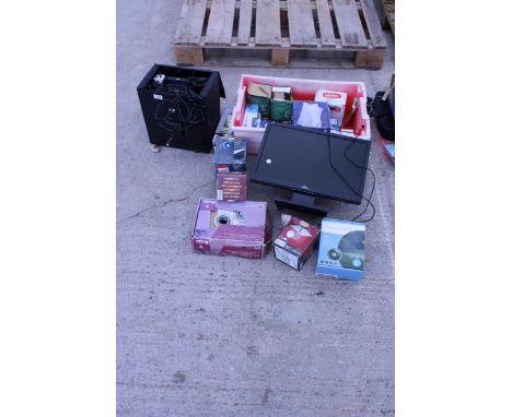 AN ASSORTMENT OF ITEMS TO INCLUDE A PROJECTOR, A FUJITSU MONITOR AND LIGHT BULBS ETC