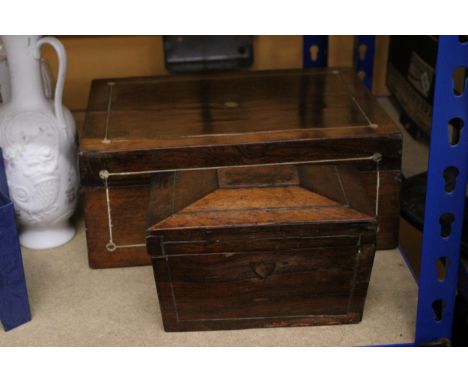 AN INLAID ROSEWOOD WORK BOX AND TEA CADDY