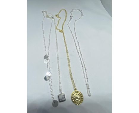 FOUR VARIOUS MARKED SILVER NECKLACES AND PENDANTS TO INCLUDE A GOLD PLATED EXAMPLE