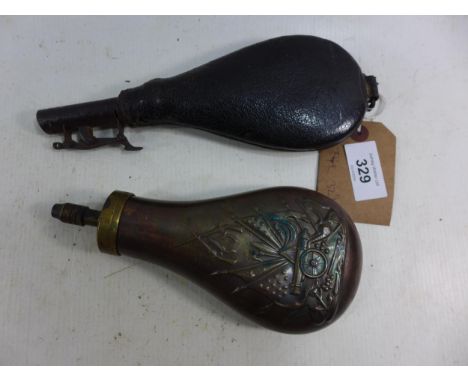 A 19TH CENTURY LEATHER SHOT FLASK AND A COPPER AND BRASS POWDER FLASK